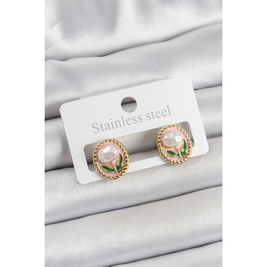 Pirinç Pembe Mineli Lale Figürlü Sanatsal Portre Model Gold Renk Kadın Küpe - TJ-BKP10672