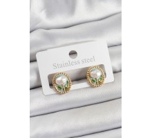 Pirinç Yeşil Mineli Lale Figürlü Sanatsal Portre Model Gold Renk Kadın Küpe - TJ-BKP10673