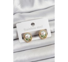 Pirinç Yeşil Mineli Lale Figürlü Sanatsal Portre Model Gold Renk Kadın Küpe - TJ-BKP10673