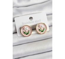 Pirinç Pembe Mineli Lale Figürlü Sanatsal Portre Model Gold Renk Kadın Küpe - TJ-BKP10674