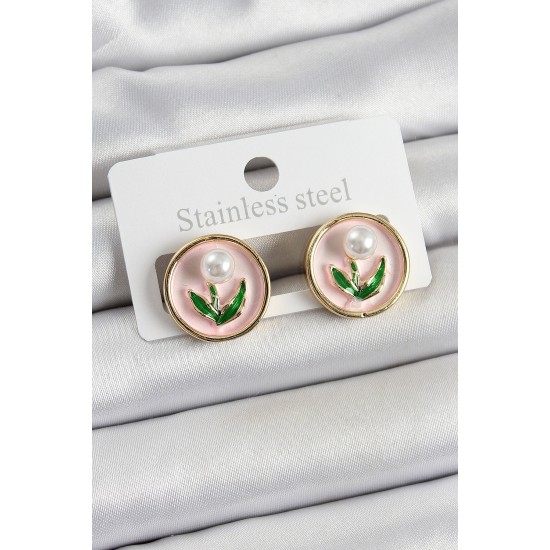 Pirinç Pembe Mineli Lale Figürlü Sanatsal Portre Model Gold Renk Kadın Küpe - TJ-BKP10674