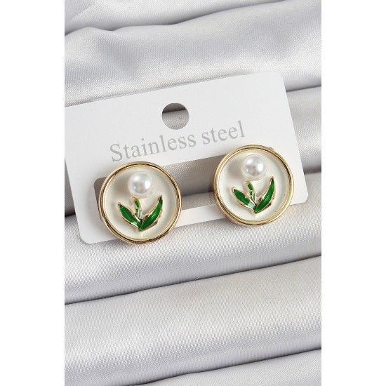 Pirinç Beyaz Mineli Lale Figürlü Sanatsal Portre Model Gold Renk Kadın Küpe - TJ-BKP10675