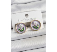 Pirinç Mor Mineli Lale Figürlü Sanatsal Portre Model Gold Renk Kadın Küpe - TJ-BKP10676