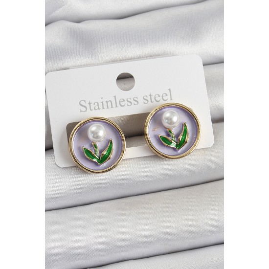 Pirinç Mor Mineli Lale Figürlü Sanatsal Portre Model Gold Renk Kadın Küpe - TJ-BKP10676