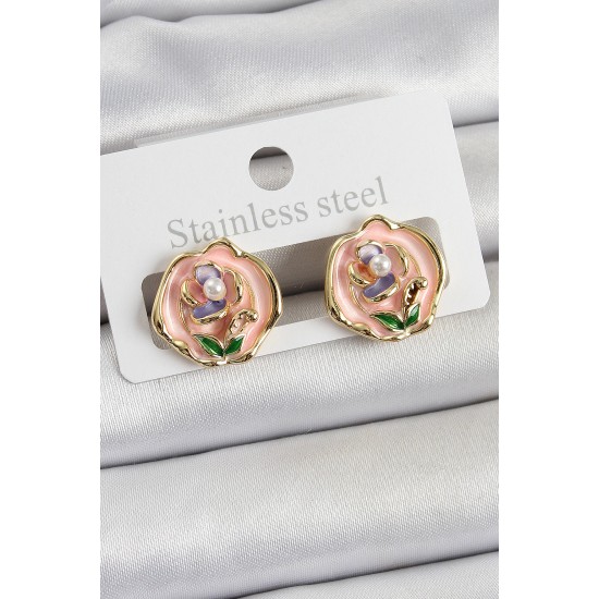 Pirinç Pembe Mineli Çiçek Figürlü Sanatsal Portre Model Gold Renk Kadın Küpe - TJ-BKP10677