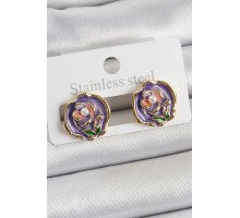 Pirinç Mor Mineli Çiçek Figürlü Sanatsal Portre Model Gold Renk Kadın Küpe - TJ-BKP10678