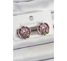 Pirinç Mor Mineli Çiçek Figürlü Sanatsal Portre Model Gold Renk Kadın Küpe - TJ-BKP10678