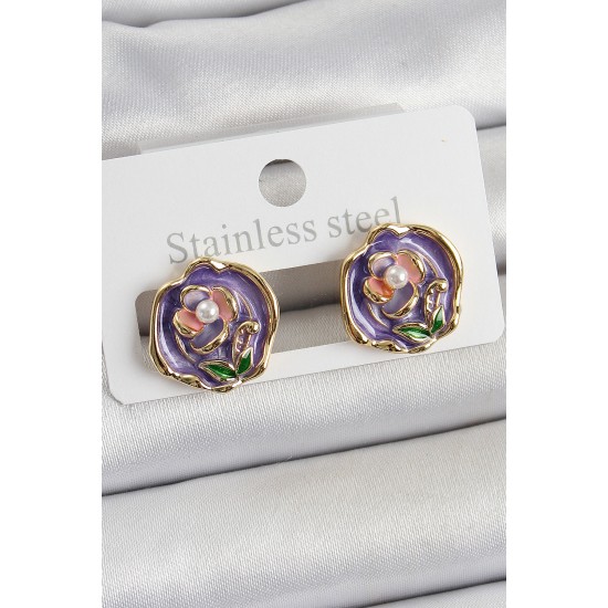 Pirinç Mor Mineli Çiçek Figürlü Sanatsal Portre Model Gold Renk Kadın Küpe - TJ-BKP10678