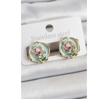 Pirinç Yeşil Mineli Çiçek Figürlü Sanatsal Portre Model Gold Renk Kadın Küpe - TJ-BKP10679