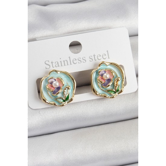 Pirinç Yeşil Mineli Çiçek Figürlü Sanatsal Portre Model Gold Renk Kadın Küpe - TJ-BKP10679