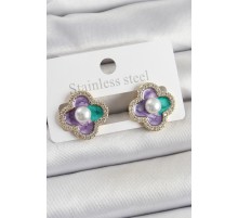 Pirinç Mor Mineli İnci Detaylı Zirkon Taşlı Sanatsal Portre Yonca Model Gold Renk Kadın Küpe - TJ-BKP10680