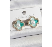 Pirinç Yeşil Mineli İnci Detaylı Zirkon Taşlı Sanatsal Portre Yonca Model Gold Renk Kadın Küpe - TJ-BKP10681