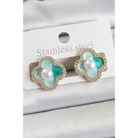 Pirinç Yeşil Mineli İnci Detaylı Zirkon Taşlı Sanatsal Portre Yonca Model Gold Renk Kadın Küpe - TJ-BKP10681