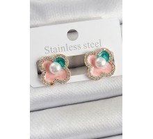 Pirinç Pembe Mineli İnci Detaylı Zirkon Taşlı Sanatsal Portre Yonca Model Gold Renk Kadın Küpe - TJ-BKP10682