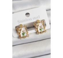 Pirinç Beyaz Mineli Sanatsal Portre Model Gold Renk Kadın Küpe - TJ-BKP10683