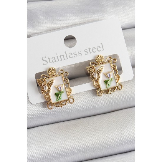 Pirinç Beyaz Mineli Sanatsal Portre Model Gold Renk Kadın Küpe - TJ-BKP10683