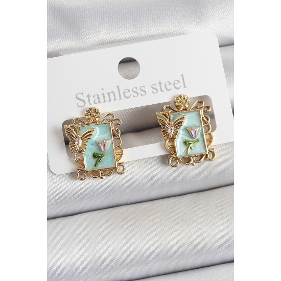 Pirinç Yeşil Mineli Sanatsal Portre Model Gold Renk Kadın Küpe - TJ-BKP10684