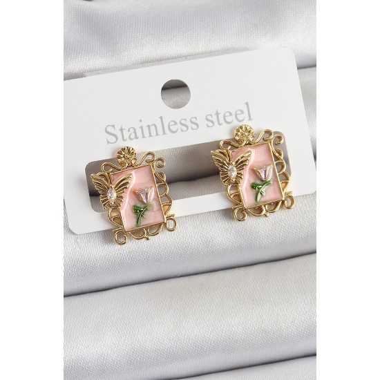 Pirinç Pembe Mineli Sanatsal Portre Model Gold Renk Kadın Küpe - TJ-BKP10685