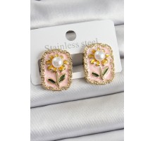 Pirinç Pembe Mineli Papatya Figürlü Sanatsal Portre Model Gold Renk Kadın Küpe - TJ-BKP10687