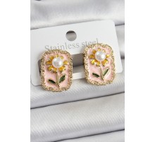 Pirinç Pembe Mineli Papatya Figürlü Sanatsal Portre Model Gold Renk Kadın Küpe - TJ-BKP10687