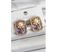 Pirinç Mor Mineli Papatya Figürlü Sanatsal Portre Model Gold Renk Kadın Küpe - TJ-BKP10688