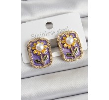 Pirinç Mor Mineli Papatya Figürlü Sanatsal Portre Model Gold Renk Kadın Küpe - TJ-BKP10688