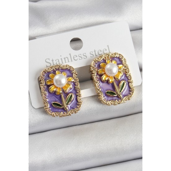 Pirinç Mor Mineli Papatya Figürlü Sanatsal Portre Model Gold Renk Kadın Küpe - TJ-BKP10688