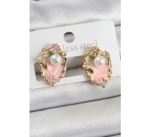 Pirinç Pembe Mineli İnci Detaylı Sanatsal Portre Model Gold Renk Kadın Küpe - TJ-BKP10690