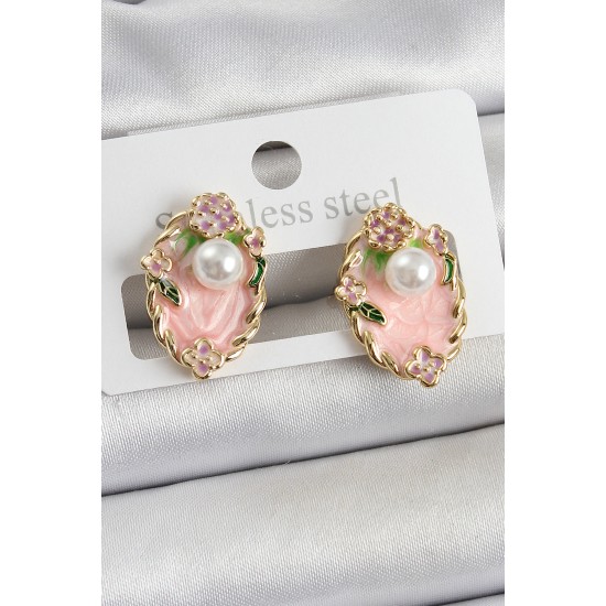 Pirinç Pembe Mineli İnci Detaylı Sanatsal Portre Model Gold Renk Kadın Küpe - TJ-BKP10690