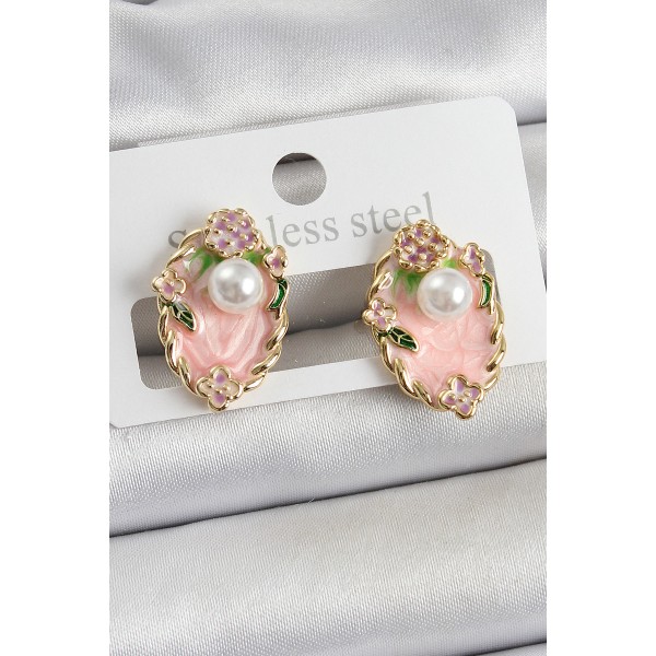 Pirinç Pembe Mineli İnci Detaylı Sanatsal Portre Model Gold Renk Kadın Küpe - TJ-BKP10690