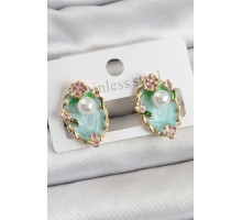 Pirinç Yeşil Mineli İnci Detaylı Sanatsal Portre Model Gold Renk Kadın Küpe - TJ-BKP10691