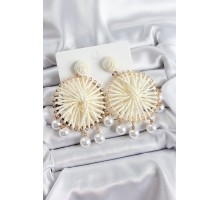 Krem Hasır Örgü Sarmal Model Sallantılı İnci Detaylı Gold Renk Kadın Küpe - TJ-BKP10694