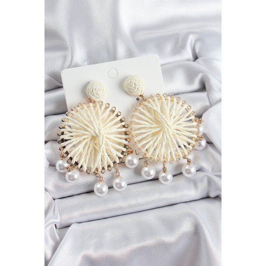 Krem Hasır Örgü Sarmal Model Sallantılı İnci Detaylı Gold Renk Kadın Küpe - TJ-BKP10694