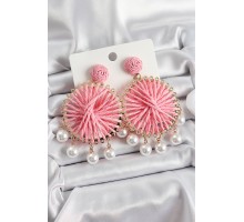 Açık Pembe Hasır Örgü Sarmal Model Sallantılı İnci Detaylı Gold Renk Kadın Küpe - TJ-BKP10696