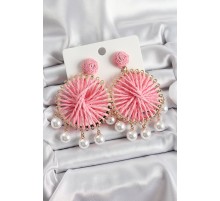 Açık Pembe Hasır Örgü Sarmal Model Sallantılı İnci Detaylı Gold Renk Kadın Küpe - TJ-BKP10696