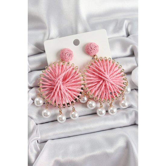 Açık Pembe Hasır Örgü Sarmal Model Sallantılı İnci Detaylı Gold Renk Kadın Küpe - TJ-BKP10696