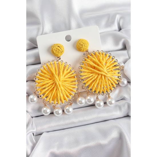 Sarı Hasır Örgü Sarmal Model Sallantılı İnci Detaylı Gold Renk Kadın Küpe - TJ-BKP10697