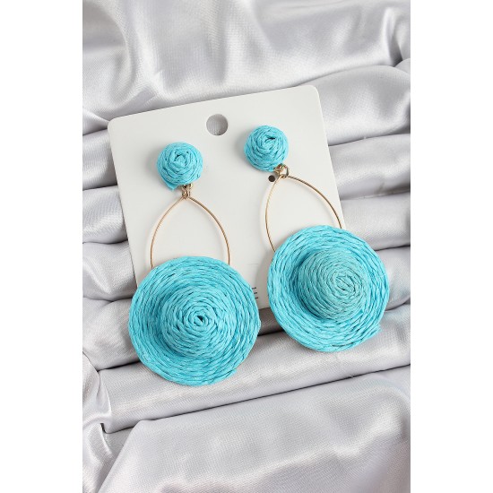 Mavi Şapka Figürlü Hasır Örgü Model Sallantılı Gold Renk Kadın Küpe - TJ-BKP10702