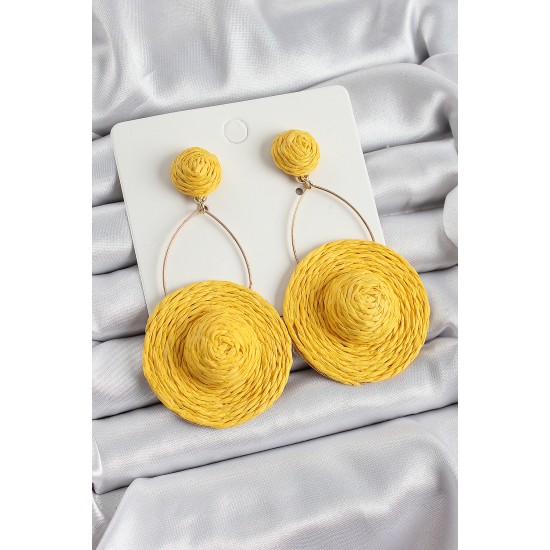 Sarı Şapka Figürlü Hasır Örgü Model Sallantılı Gold Renk Kadın Küpe - TJ-BKP10703