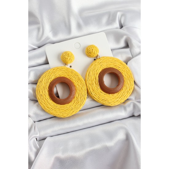 Sarı Halka Figürlü Hasır Örgü Model Gold Renk Kadın Küpe - TJ-BKP10705