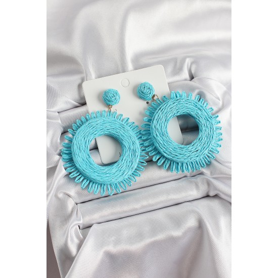 Mavi Püsküllü Halka Figürlü Hasır Örgü Model Gold Renk Kadın Küpe - TJ-BKP10709