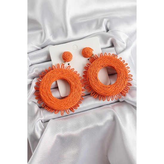 Turuncu Püsküllü Halka Figürlü Hasır Örgü Model Gold Renk Kadın Küpe - TJ-BKP10710