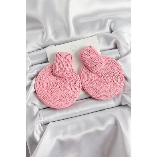 Pembe Daire Figürlü Hasır Örgü Model Gold Renk Kadın Küpe - TJ-BKP10711