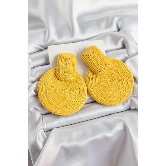 Sarı Daire Figürlü Hasır Örgü Model Gold Renk Kadın Küpe - TJ-BKP10712