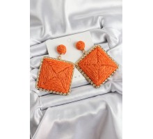 Turuncu Kare Figürlü Hasır Örgü Model Gold Renk Kadın Küpe - TJ-BKP10717