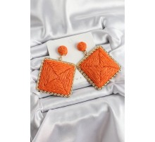 Turuncu Kare Figürlü Hasır Örgü Model Gold Renk Kadın Küpe - TJ-BKP10717