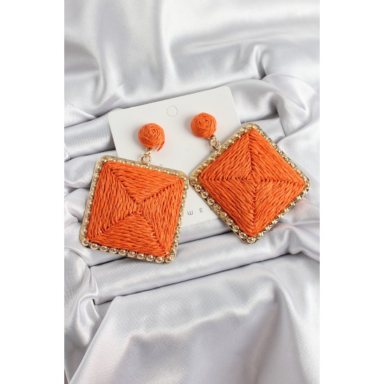 Turuncu Kare Figürlü Hasır Örgü Model Gold Renk Kadın Küpe - TJ-BKP10717