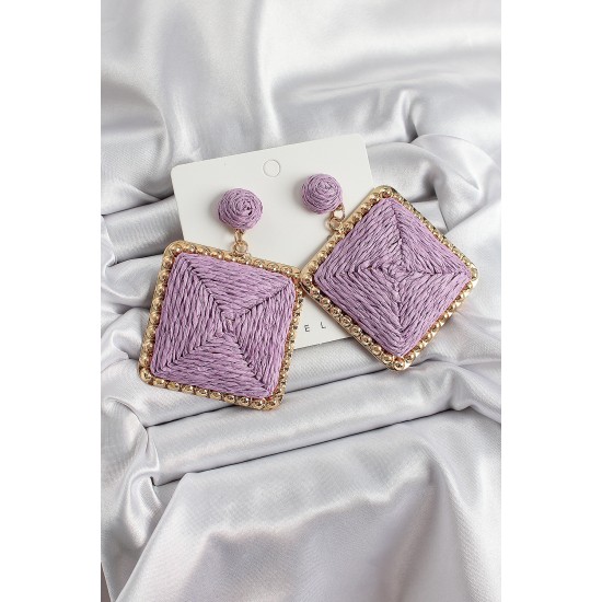 Mor Kare Figürlü Hasır Örgü Model Gold Renk Kadın Küpe - TJ-BKP10719