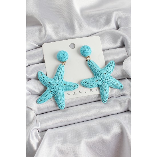 Mavi Deniz Yıldızı Figürlü Hasır Örgü Model Gold Renk Kadın Küpe - TJ-BKP10723