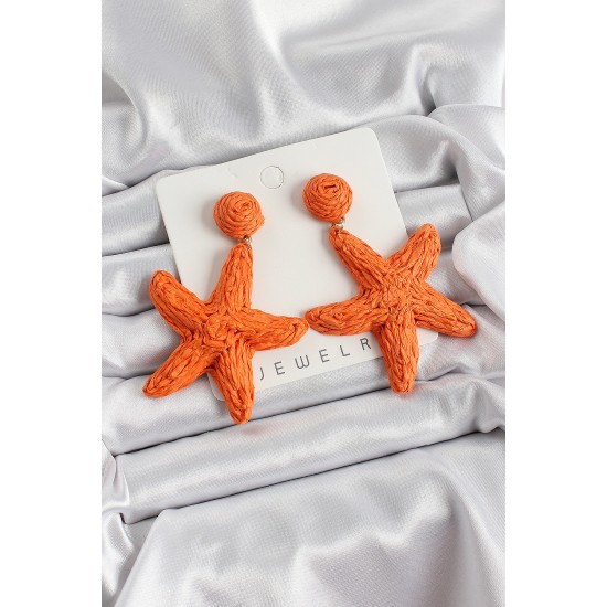 Turuncu Deniz Yıldızı Figürlü Hasır Örgü Model Gold Renk Kadın Küpe - TJ-BKP10724